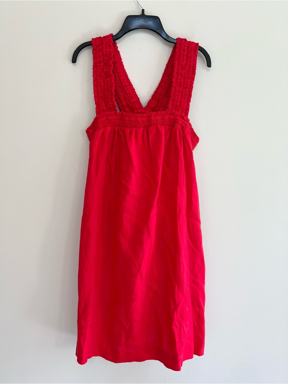 Everlane The Smocked Straps 100% Linen Square Neck Pockets Mini Dress Red Medium
